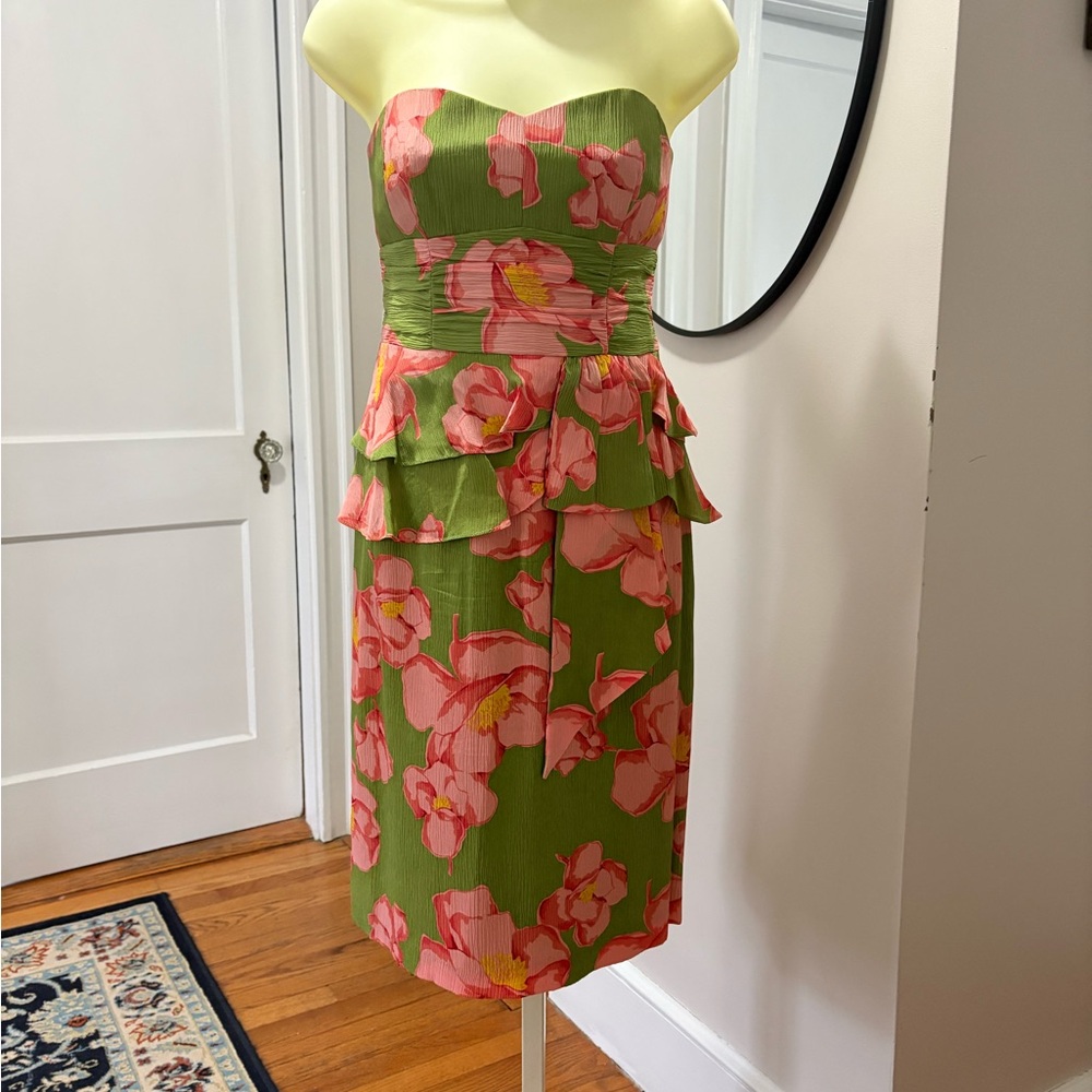 Nanette Lepore Green Strapless Floral Peplum Dress with Pink Blooms